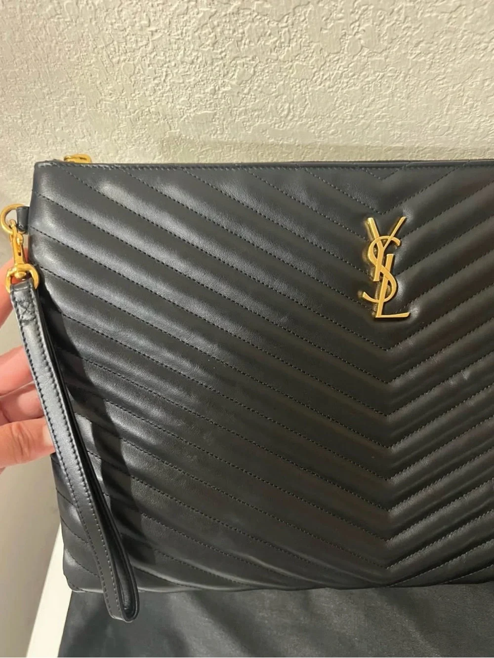 Saint Laurent Black Quilted Chevron Leather Clutch with Gold YSL